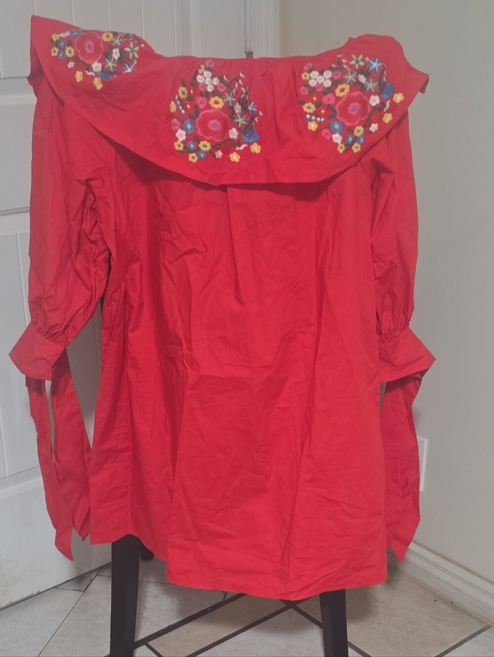 Velzera Red Embroidered Off-Shoulder Trench Dress